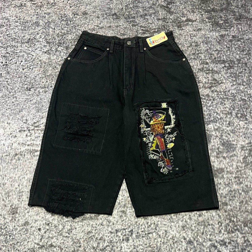 Vintage 90s Exhaust Denim Jean Shorts Mens 29 Black Embroidered Hip-Hop Jorts